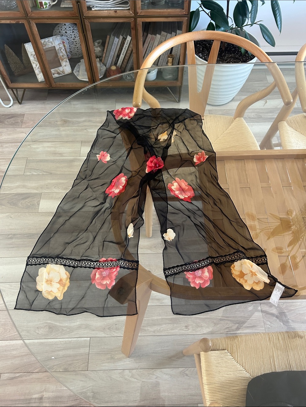 Echo 100% Silk Sheer Black Floral Scarf